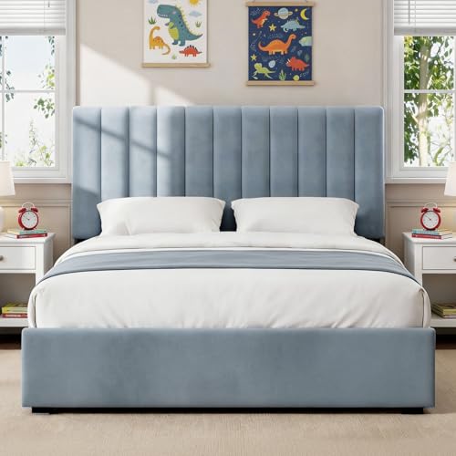 Welzona Queen Bed Frame with Headboard Velvet Fully Upholstered Metal Platform Bed with Vertical Channel Tufted Headboard 3-Level Height Under-Bed Storage Metal Support Easy Assembly Blue