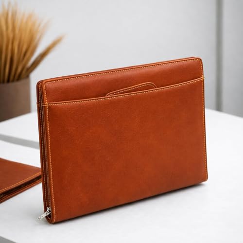 Image of STREPE ZK TAN Leather File Organizer Bag with Handle, Zipper Portfolio Folder for Documents, Certificates, Cards & Tablet, Office Business Travel Case for Men & Women