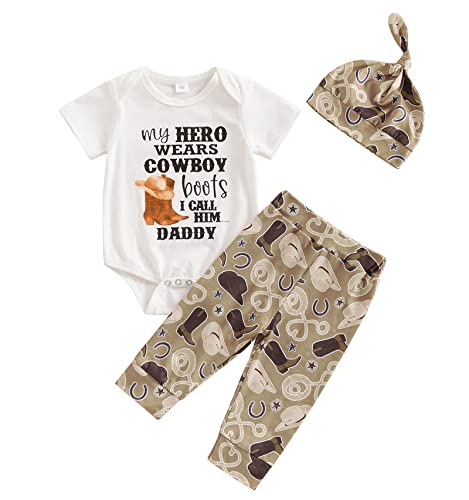 Image of SAYOO Western Newborn Baby Boys Cowboy Outfit Cow Print Letter Bodysuit Long Leggings Cap 3pcs Infant Boy Country Clothes