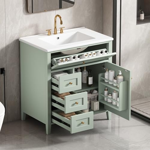 Image of 30 inch Bathroom Vanities with Top Set, Cabinet with Multi-Functional Tip-Out Drawer and Adjustable Shelf, Soft-Closing Door, Solid Wood Legs, Green