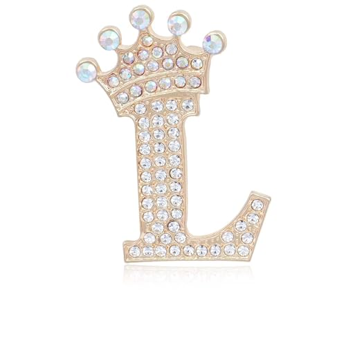 Image of Initial Letter Brooch Pins with Crown for Women Girls Men Boys Personalized Name Brooches Crafts Colorful Rhinestone Brooch Pins Gold A-Z