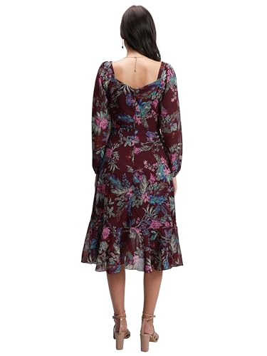 Image of Tokyo Talkies Women's Elegant Floral A-Line Dress | Long Puff Sleeves & Ruffle Hem for a Feminine Touch | Bow tie up