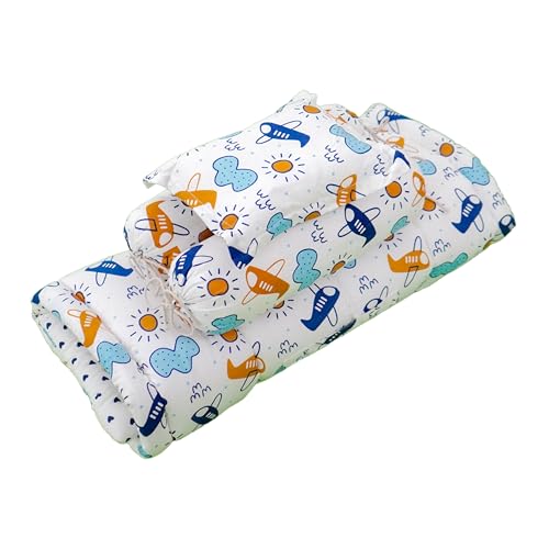 Image of NWF 100% Cotton Baby Bedding Set - Mattress & Soft Daytime Bedding for Infants (0-24 Months) | 4-Piece Set, 26 inchx40 inch | Blue Plane Cloud Design