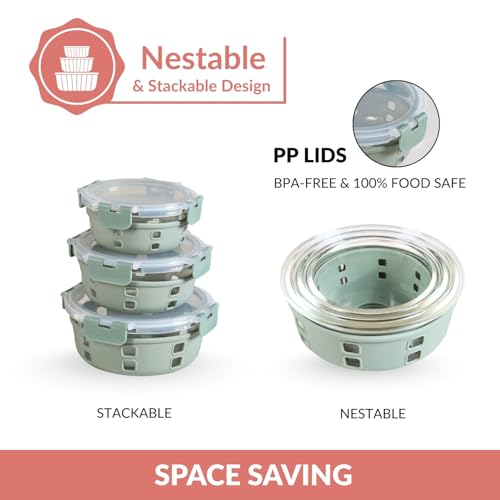 Image of Nestasia Gripso Glass Containers Set of 3 (400ml, 600ml, 950ml) with Silicone Sleeve & Locking Lid, Microwave, Dishwasher & Freezer Safe Round Food Storage Containers (Green)