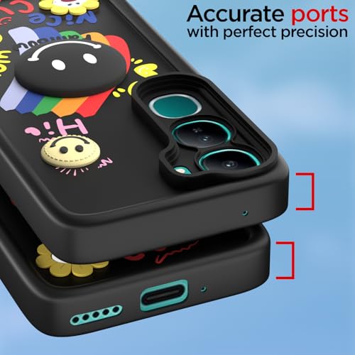 Image of Pikkme Back Cover for Vivo Y300 5G / Vivo V40 Lite 5G | Soft Silicone| Cute Rainbow Smile & 3D Cartoon Flower Design | Shockproof Raised Camera Protection Bumper Case (Black)
