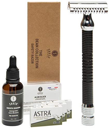 SHASH Dean Collection Double Edge Open Comb Safety Razor, Black - Provides Super-Close Shave, Includes Astra Blades, Alum Block and Pre Shave Oil - Stylish Design - Premium Quality Brass and Chrome