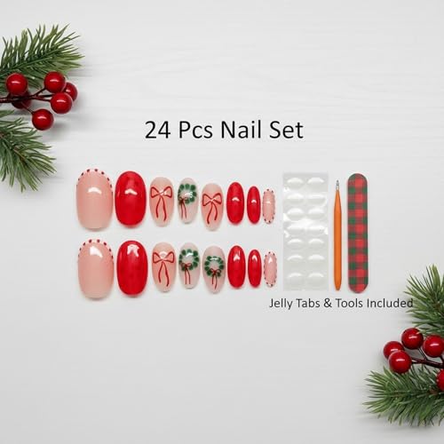 Christmas Press On Nails Almond Shape Short False Nails with Red Bows and Wreath Design – Handmade Stick On Nails for Holiday Party, Cute Xmas Gift for Women and Girls, 24PCS Set - Image 7