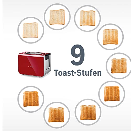 Bosch Kompakt Toaster Styline TAT8614P, integrierter Edelstahl-Brötchenaufsatz, mit Auftaufunktion und Aufwärmfunktion, perfekt für 2 Scheiben Toast, breit, Liftfunktion, Brotzentrierung, 860 W, rot