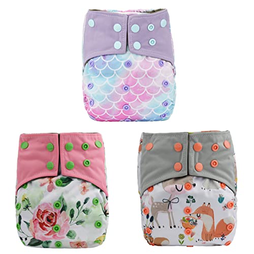 Image of Sigzagor 3 AIll in One Cloth Diapers Nappies for Night AIO Sewn in Insert Reusable Washable (Scale Floral)