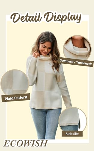 Image of ECOWISH Women Fall Pullover Sweater Turtleneck Plaid Long Sleeve Loose Casual Chunky Checked Knit Winter Sweaters Jumper Tops