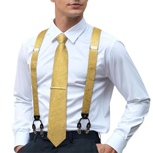 Image of Hi-Tie Men's Suspenders and Tie Set Silk Adjustable Elastic Y Braces with Strong 6 Clips Pocket Square Set