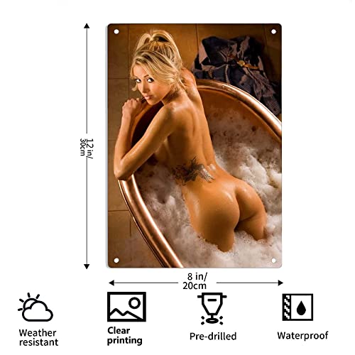 Sexy Nude Girl Hot Model Blonde Big Butt in Bathtub Sign Metal Tin Sign Poster for Home Cafes Bars Pub Man Cave Wall Decor Plaque Sign 12x8 Inch