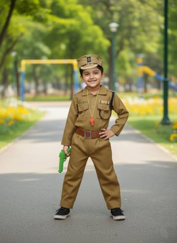 Image of Kids Police Costume Dress for Boys - Khaki Uniform with Cap, Belt, Whistle & Accessories | Fancy Dress for School Functions, Annual Day & Role Play (1 Set)