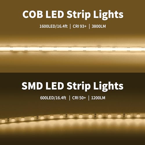 ShineBurky Warm White 3000K COB LED Strip Lights, 5M High Bright Cuttable Tape Lights with Plug - Image 3