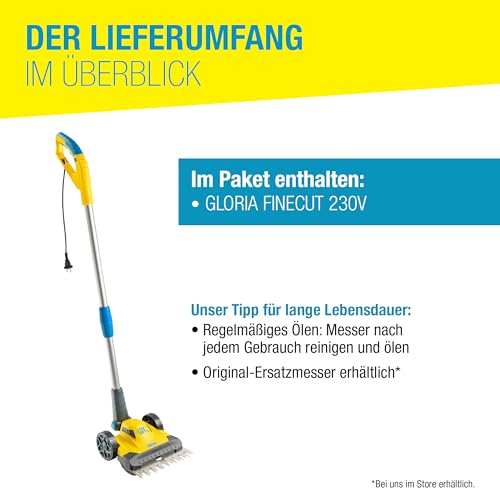 GLORIA Elektrischer Rasen- und Kantenschneider FineCut 230V | Ergänzung für Mähroboter & Rasenmäher | 25 cm Schnittbreite | Präzise, leise & leicht für kleine Gärten, Rasenflächen & Rasenkanten