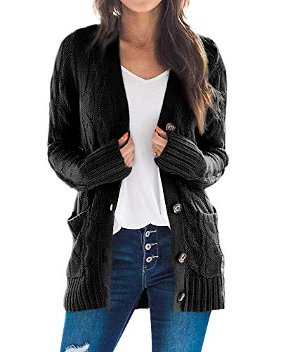 Goranbon Women's Cable Knit Cardigan Long Sleeve Open Front Button Down Knitwear Sweater Coat