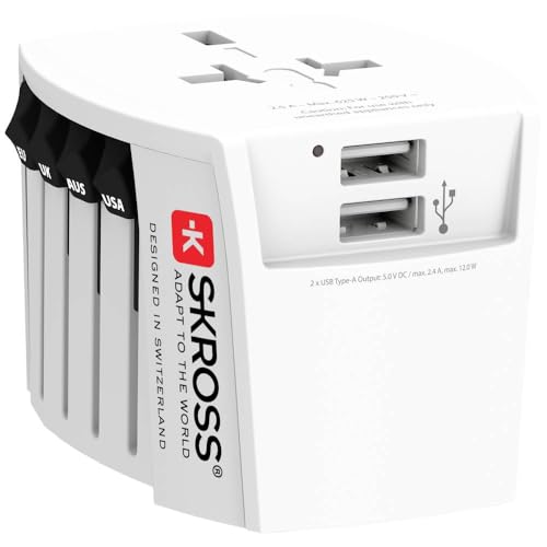 SKROSS - 1.302960 | MUV USB (2xA) | Adaptador de Viaje Universal de 2 Polos: Completo con 2 Tomas de Carga USB. Voltaje y potencia: 100V - 250W / 250V - 625W. Protección Contra Descargas Eléctricas