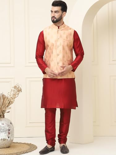Image of SOJANYA (Since 1958 Men's Silk Blend Kurta Pyjama With Self Design Nehru Jacket