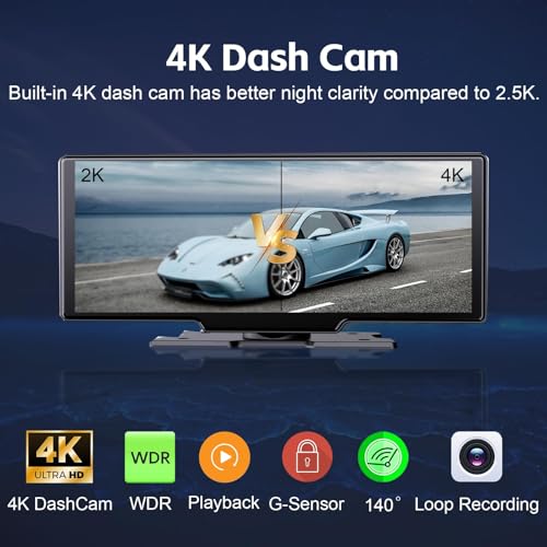 Image of Luzeterna 9 inch Wireless Apple CarPlay Screen for Car & 4K Dash Cam with Android Auto.Portable Car Stereo with Backup Camera & Touchscreen Display.Dash Mout Car Play Box.GPS Navigation, Bluetooth