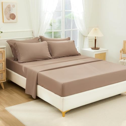 Image of Andency Oversized King Comforter Set with Sheets 128x120 Taupe - 7 Pieces Bed in a Bag Boho Soft Lightweight Bedding Sets, Tassel Bed Set with Comforter, Sheets, Pillowcases & Shams
