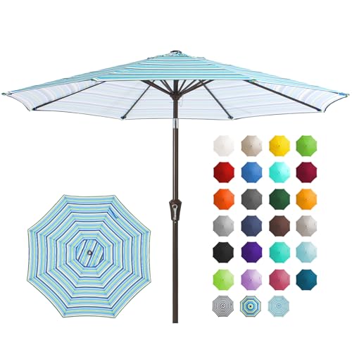 JEAREY 9FT Outdoor Patio Umbrella with Push Button Tilt and Crank, Outdoor Table Umbrella 8 Sturdy Ribs UV Protection Waterproof for Garden, Deck, Backyard, Pool (Blue&Green Stripe)