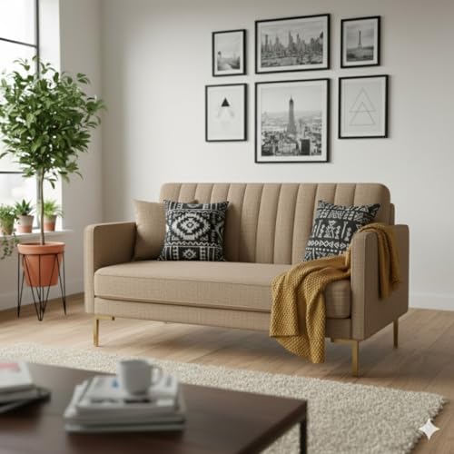 Image of 2 Seater Velum Fabric Sofa Set for Living Room, Modern Design with High Density Foam, Solid Wood Frame, Ergonomic Comfortable Seating for Home & Office (Light Brown, 2 Seater | Soft foam comfort, Strong wood frame