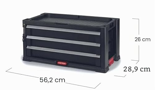 KETER Aufsatz mit 3 Schubladen für Werkzeugwagen, schwarz, 56 x 29 x 26.2 cm, modular, stapelbar, abschließbar, mit Kleinteile-Organizer