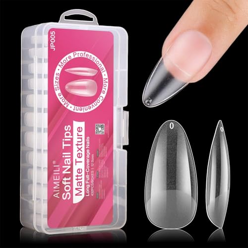 AIMEILI 432 piezas de 10 tamaños diferentes de uñas acrílicas mate transparentes de cobertura total uñas de gel UV para nail art uñas artificiales, uñas largas con caja.-005