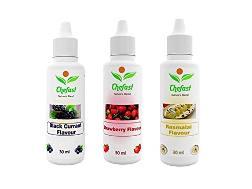Image of Chefast Pack of 3 Baking Essence Flavour of Rasmalai , Strawberry, Black Currant for Cake, Ice-Cream,Milkshakes- 30ML ( Use 2-3 Drops Essence for 250 Grm Cake) This is Flavour only, Not a Color