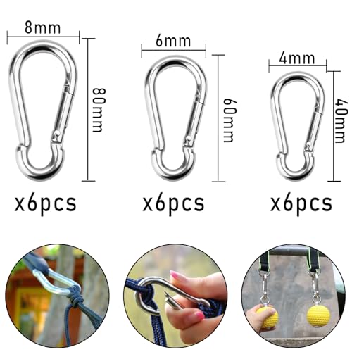 wonkeken 18 Stück Karabiner Set DREI Größen von Karbonstahlschnallen, Karabinern und verzinkten Bergsteigerhaken, 4 x 40mm 6 x 60mm 8 x 80mm Geeignet für Rucksacktouren, Hundetrekking und Camping