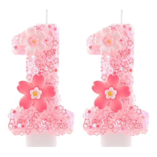 Hongplus Cherry Blossom Pink Number 11 Birthday Candle, 2.8in Cute Shiny Happy 11th Birthday Candle with Tray & Stick Girls 11 Candle for 11 Birthday Ideal Birthday Parties Cake Decoration & Gifts