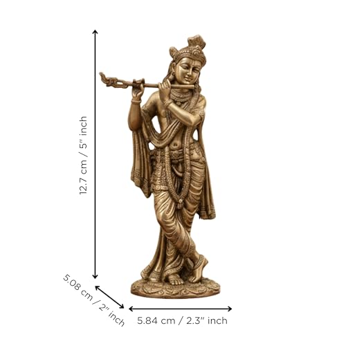 Image of eCraftIndia Golden Brass Lord Krishna Idol Playing Flute | Krishna Statue for Home Living Room Office