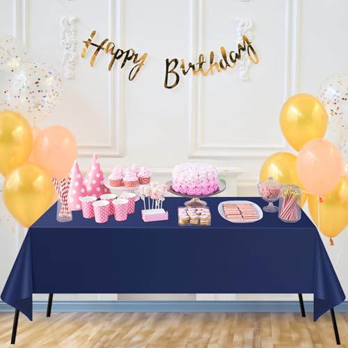 Image of WNINK 4 Pack Navy Blue Tablecloths Dark Blue Rectangle Disposable Plastic Table Cloths 54 inch x 108 inch for Birthday, Retirement, Bridal Shower, Wedding, BBQ, Picnic Parties