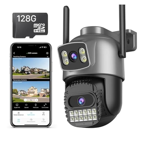 BINGNU Cámaras de Seguridad, Cámara IP WiFi de 10 MP for Exteriores con Cuatro Lentes y Pantallas, Zoom 10x, videovigilancia HD detección Humana protección Seguridad para el hogar(10MP Add 128G Card)