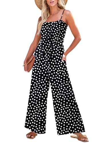 Dokotoo Jumpsuits for Women 2025 Fashion Spaghetti Strap Womens Oversized Overalls Loose Casual Wide Leg One Piece Sleeveless Printed Jumpsuit Long Pant Rompers with Pockets,Black-Polka Dots Medium