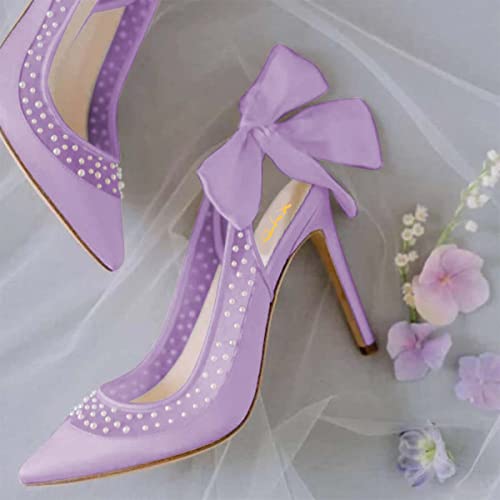 XYD Women's Silk Satin Pointed Toe Pumps Wedding High Heel Pearls Back Bowknot Mesh Brides Evening Shoes4