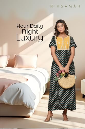 Image of NIHSAMAH Cotton Nighty for Women - Printed Stylish Night Gown, Comfortable Sleepwear Long Nightwear, Maxi