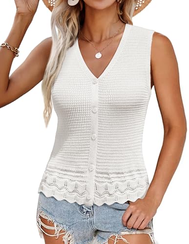 GRACE KARIN Womens Spring Summer Sweater Vest 2025 Casual Knit Sleeveless V Neck Button Down Crochet Crop Tank Tops