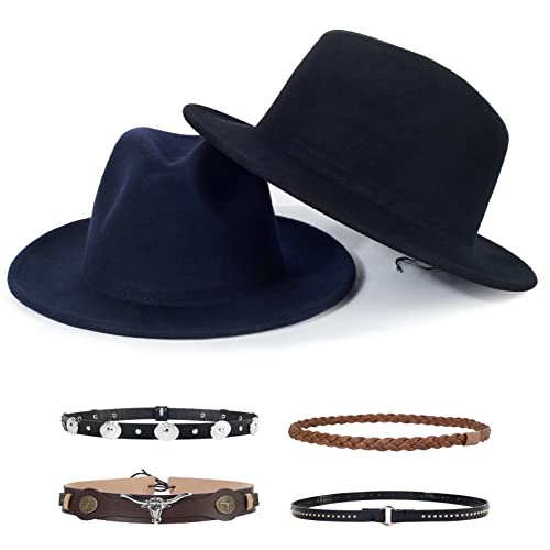 SWR [2 Stück] Fedora Hut mit breiter Krempe - Mode Wollfilzhut - Herren und Damen - Elegante Jazz Hüte - mit 4 Lederband - Klassische Outdoorhut Cover