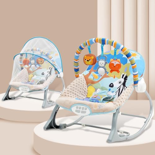 INFANTSO Baby Rocker & Bouncer for 0 to 2 Years (Dark Blue), Portable Rocker for Newborn with Mosquito Net, Calming Vibrations, Soft Music & Hanging Toys