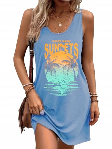 Image of Summer Tank Dress for Women Sunset Palm Tree Beach Vacation Cover Up