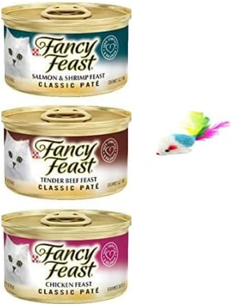 Fancy Feast - Paquete de paté - 30 latas (10 latas de salmón clásico paté y camarón) (10 latas de carne tierna clásica paté) (10 latas de pollo