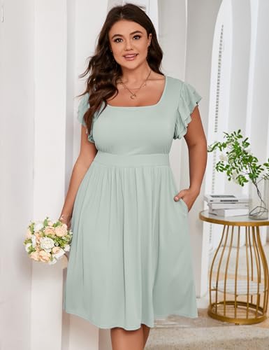 Image of ShopWonder Women Plus Size Midi Dress Short Ruffle Sleeves High Waist Casual Summer Dress with Pockets