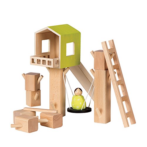 MiO Tree Fort + 1 Bean Bag Person Peg Doll Imaginative Montessori Style STEM Learning Wooden Building Playset for Boys and Girls 3 Years + Up by Manhattan Toy
