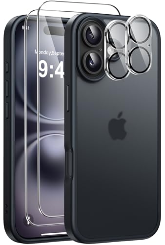 Guisessy 5 en 1 Funda para iPhone 16 con 2 Protector de Pantalla y 2 Protector Lente Cámara, Protección Militar PC Resistente Translúcida Antigolpes Antiarañazos Phone Carcasa, Negro