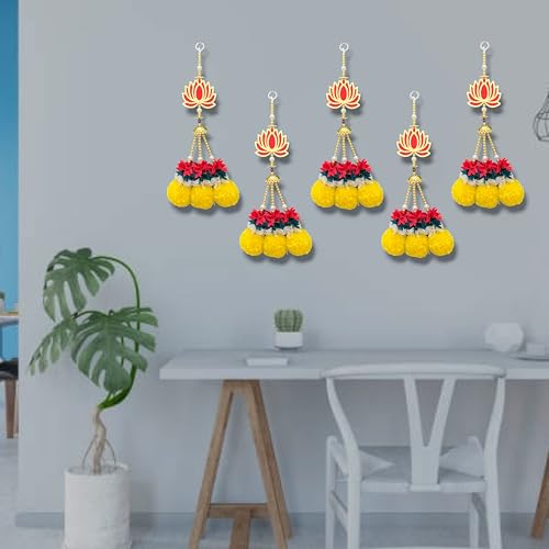 Image of Rajasthan Kraft Handmade Pack of 5 Marigold Hanging with Beads Gajra Bell Bowl Artificial Flower Door & Wall Decor for Makar Sankranti, Lohri, Wedding & Festive Home Decoration 15 x 3 Inch (RK-H150-5)
