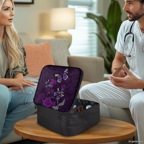 Image of Gomyblomy Purple Rose Butterfly First Aid Kit Bag for Home Car First Aid Kit Empty Emergency Kit Portable Travel Medical Supplies Storage Pouch Medicine Bag for Hiking Camping