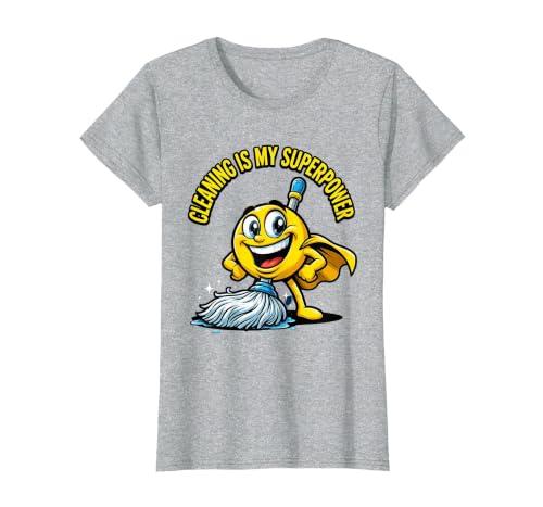 Cleaning Is My Superpower Cheerful Mop Design T-Shirt, Women, Heather Grey, Large
