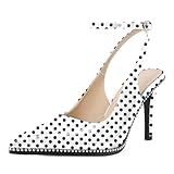 Slingback Heels: Diese gepunkteten Slingback-Heels mit Knöchelriemen sind perfekt, um Ihre Füße sicher zu halten, während sie atmen können. Der gepunktete Knöchelriemen Slingback ist ein klassischer und zeitloser Stil, der sowohl elegant als auch lässig gekleidet werden kann. Diese Slingback-Schuhe für Damen sind eine ausgezeichnete Wahl für alle, die Ihrer Garderobe einen Hauch von Eleganz verleihen möchten