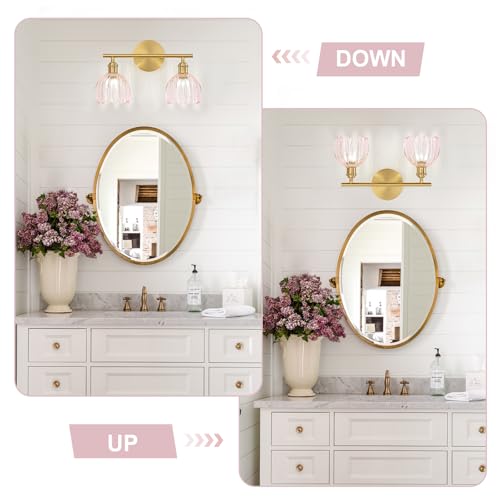 Image of Gold Bathroom Light Fixtures Over Mirror, 2 Light Bathroom Vanity Light with Tulip Pink Glass Lampshade, Vintage Vanity Lights for Bathroom, Bathroom Vanity Lights Over Mirror